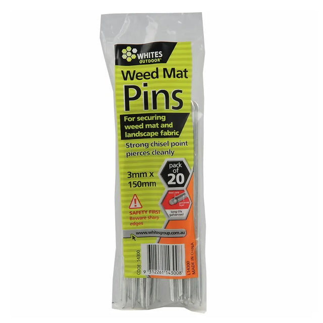Pack of weed mat pins with packaging on a white background