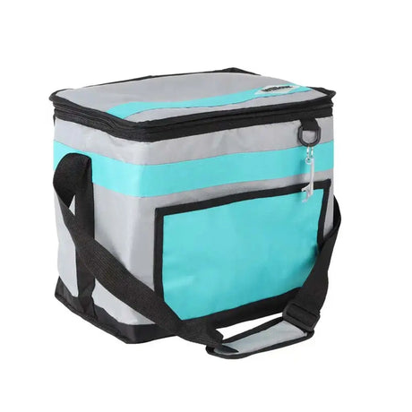 Cooler bag with turquoise front panel and gray sides on a white background