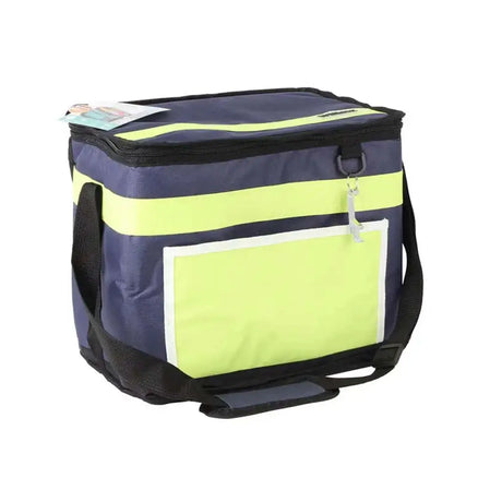 Navy and lime green cooler bag on a white background