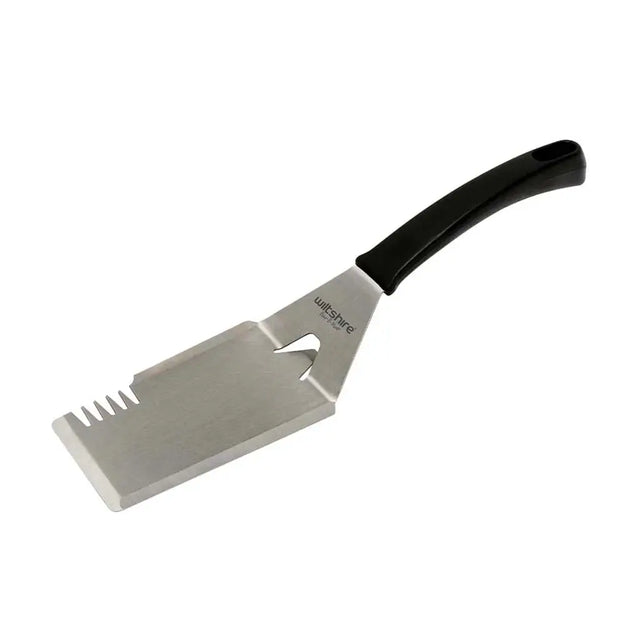 Metal scraper with black handle on a white background