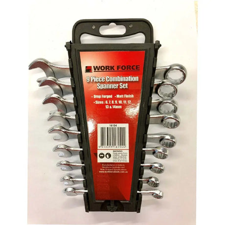 9-piece combination spanner set in packaging with 'Work Force' branding.