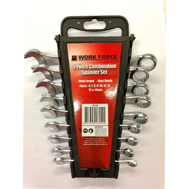 9-piece combination spanner set in packaging with 'Work Force' branding.