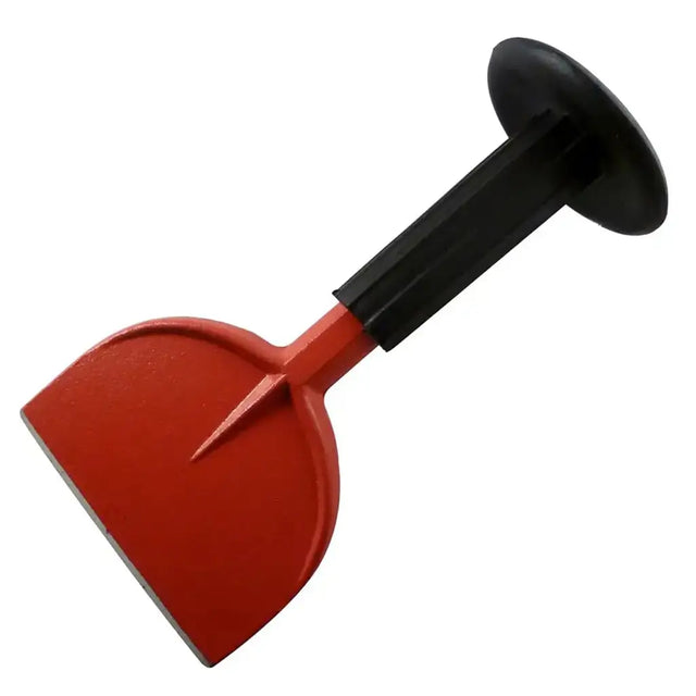 Red and black tool with a pointed end on a white background