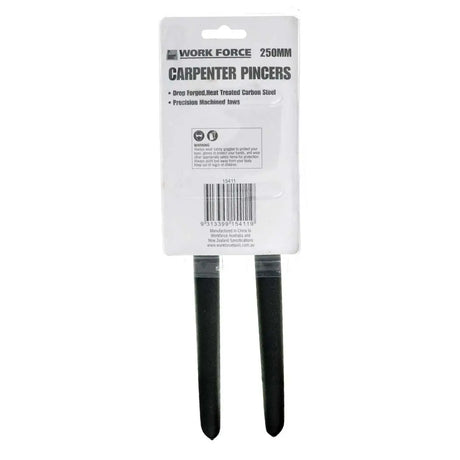 Pair of carpenter pincers with packaging labeled 'Work Force' on a white background