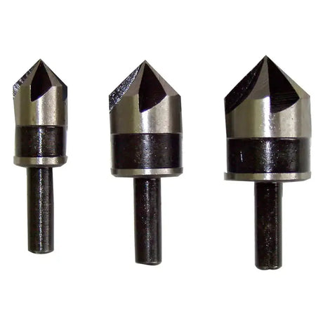 Three metal rotary burr bits of different sizes arranged horizontally on a plain white background.