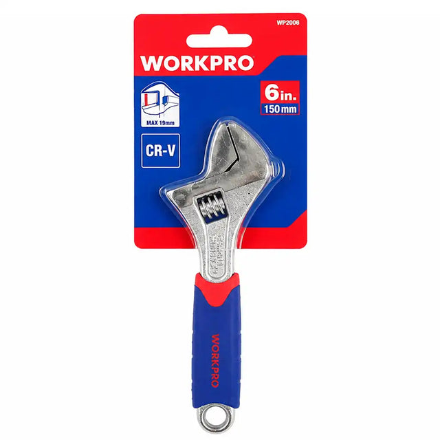 Front of Workpro WP2006 adjustable wrench packaging showing 6 inch 150mm and CR-V specs