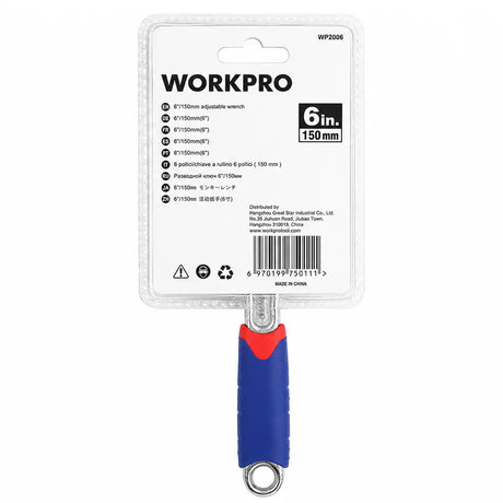 Rear of Workpro 6 inch 150mm adjustable wrench packaging with multilingual specs and barcode