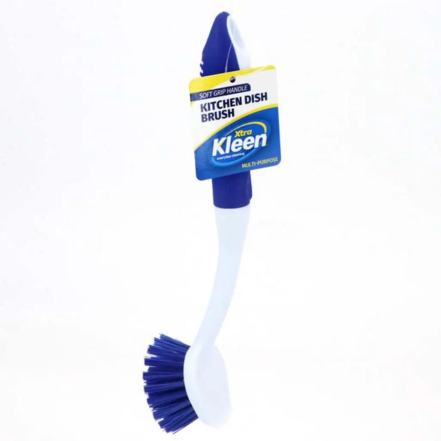 Kleen kitchen dish brush with blue bristles and white handle on a white background