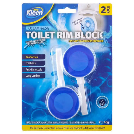Kleen Ocean Fresh Toilet Rim Block packaging with two blocks on a blue background