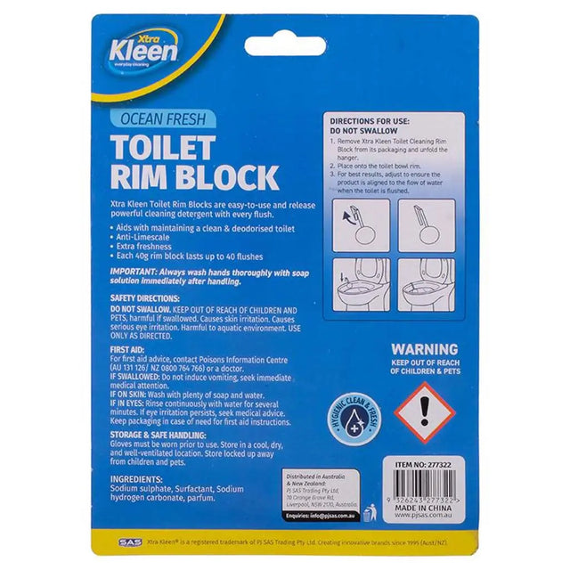 Kleen Ocean Fresh Toilet Rim Block packaging with blue and yellow design.