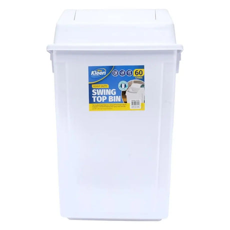 White swing top bin with a label on a white background