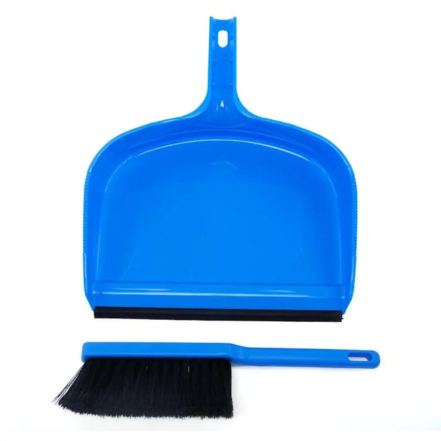 Blue dustpan and brush set on a white background