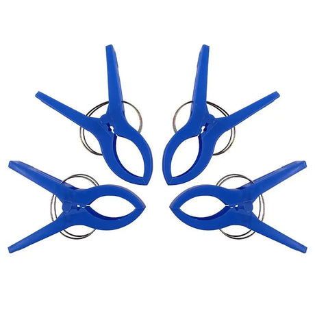 Four blue plastic clips on a white background