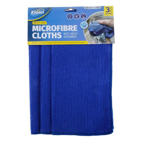 Pack of Kleen microfibre cloths with a mesh scrubber on a white background
