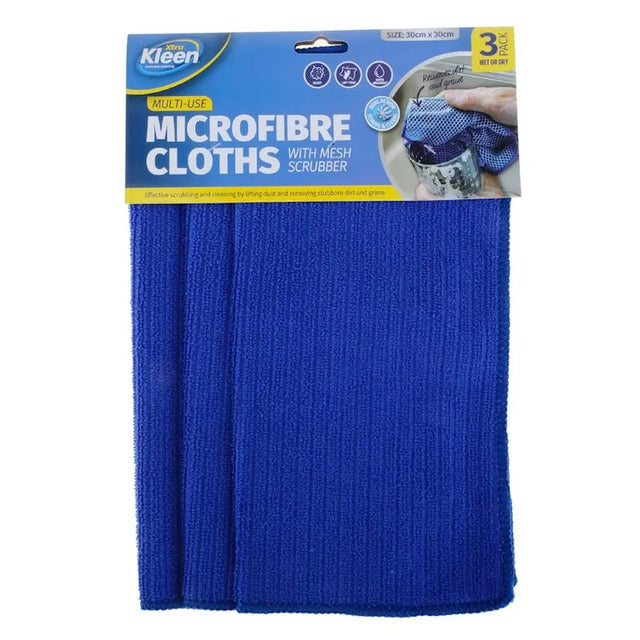 Pack of Kleen microfibre cloths with a mesh scrubber on a white background