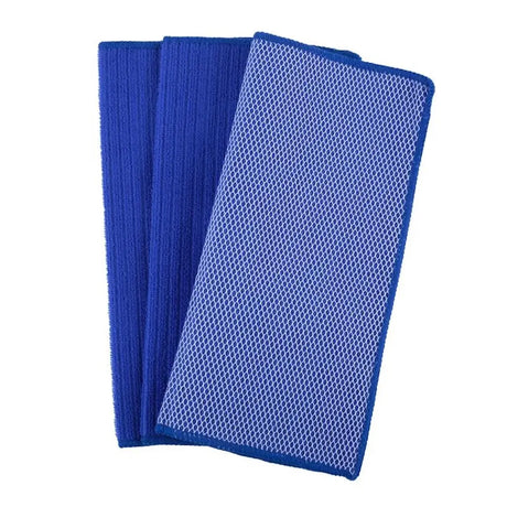 Three blue microfiber cloths with a textured pattern on a white background