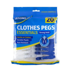 Pack of Kleen clothes pegs with blue and yellow packaging on a white background