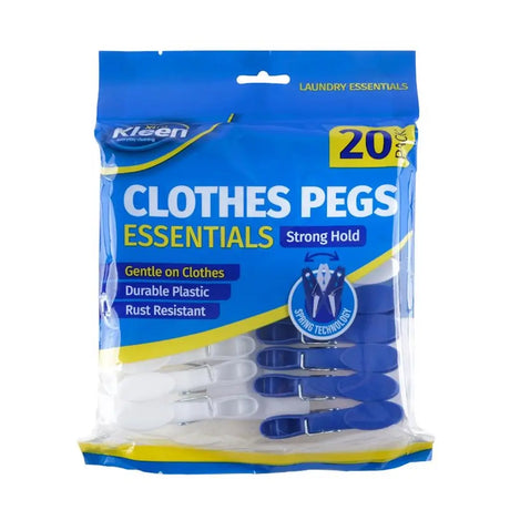 Pack of Kleen clothes pegs with blue and yellow packaging on a white background