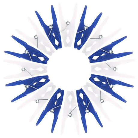 Blue and white pegs arranged in a circular pattern on a white background