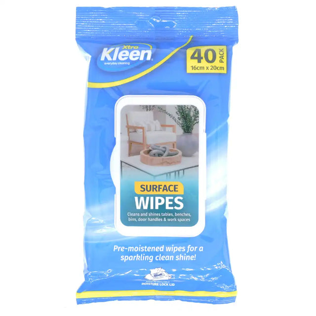 Pack of Kleen surface wipes with a blue and yellow design on a white background