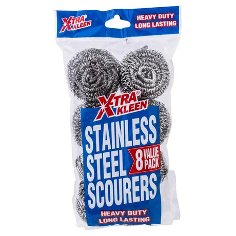 Pack of Xtra Kleen stainless steel scourers with blue and red packaging on a white background