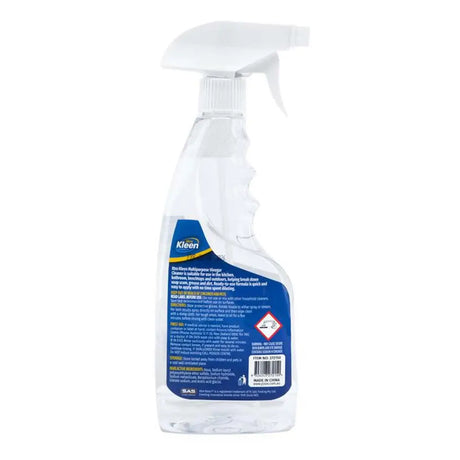 Clear spray bottle with blue label on a white background