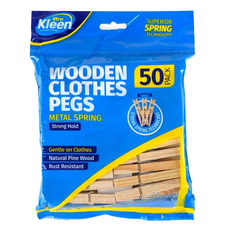 Pack of Xtra Kleen wooden clothes pegs with blue and yellow packaging.