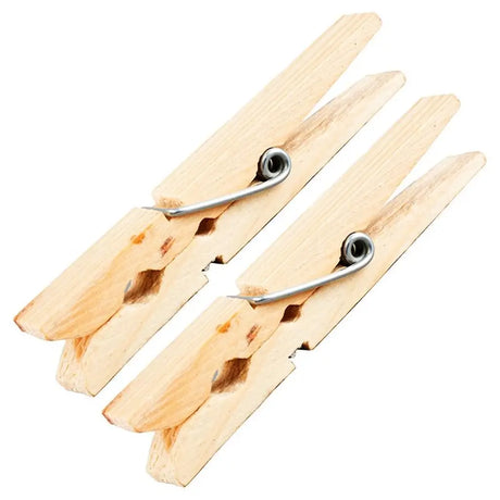 Three wooden clothespins with metal clips on a white background