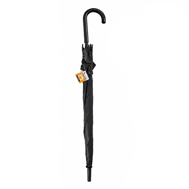 Black umbrella with a curved handle on a white background