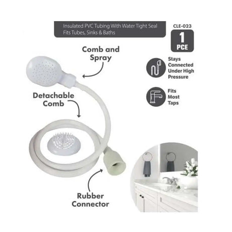 Shower head with detachable comb and rubber connector, labeled features on a white background.