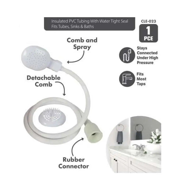 Shower head with detachable comb and rubber connector, labeled features on a white background.