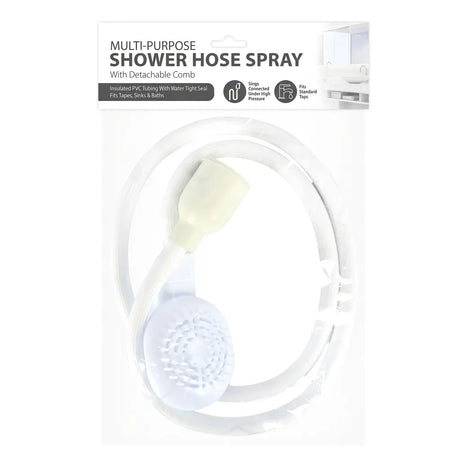 Multi-purpose shower hose spray with detachable comb in packaging on a white background