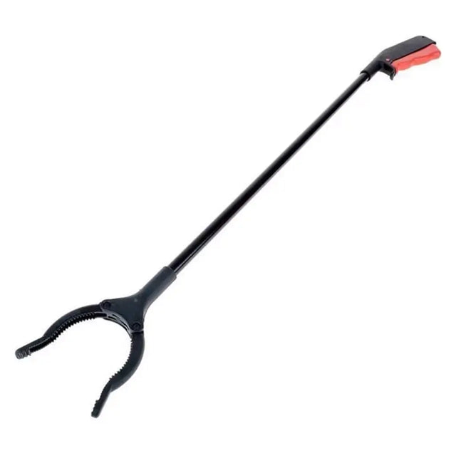 Black and red garden tool with extendable handle on a white background