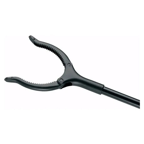 Black tool with a curved design on a white background
