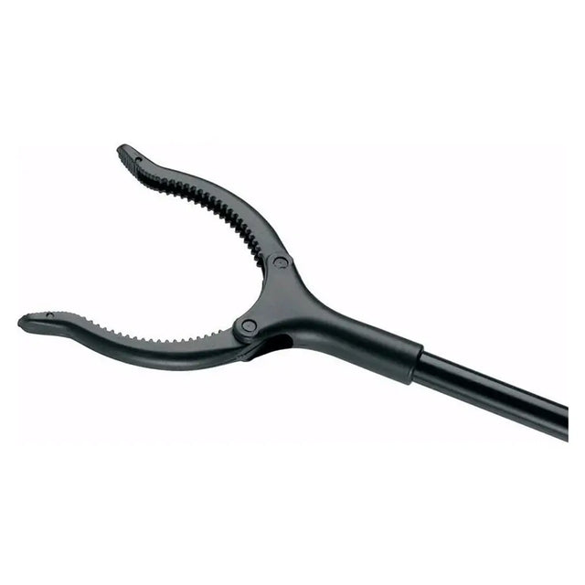 Black tool with a curved design on a white background