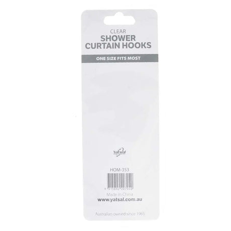 Packaging of clear shower curtain hooks with Yatsal branding on a white background