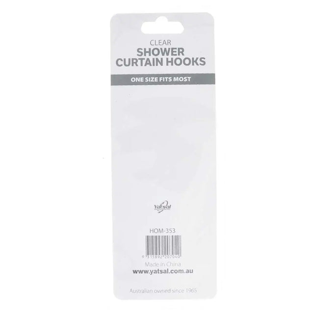Packaging of clear shower curtain hooks with Yatsal branding on a white background