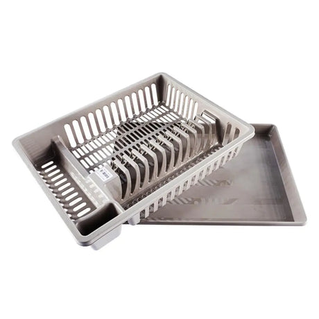 Gray dish rack with cutlery on a white background