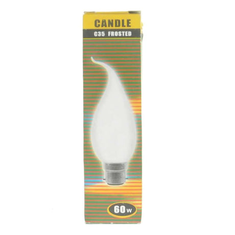Candle-shaped light bulb in packaging with 'Candle C35 Frosted' text on a white background