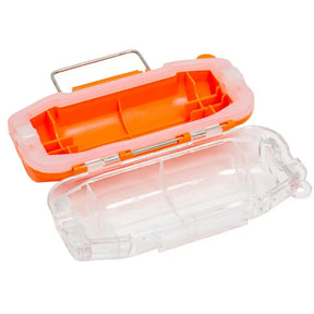 Clear and orange plastic tackle box with a handle on a white background