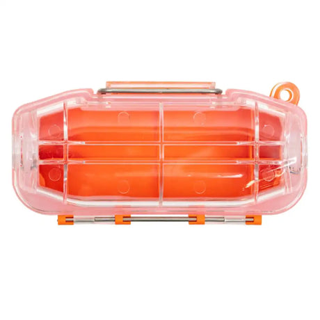 Clear orange tackle box with orange latches on a white background