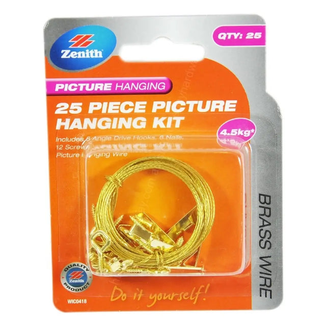 Zenith 25-piece picture hanging kit packaging with brass wire on an orange background
