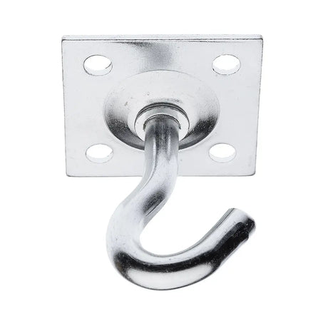 Metallic hook attached to a rectangular plate on a white background