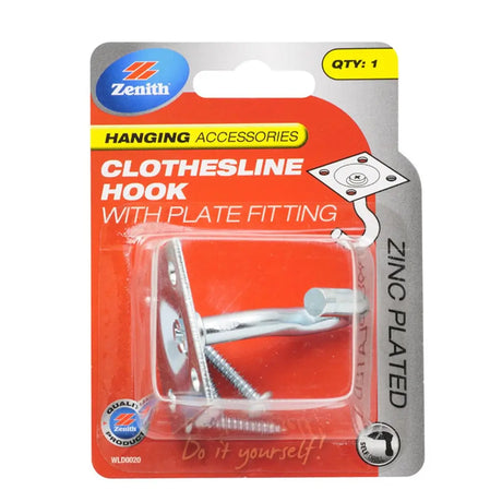 Clothesline hook with plate fitting in Zenith packaging on a white background