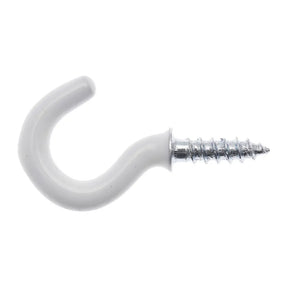 White plastic hook with a silver screw on a white background