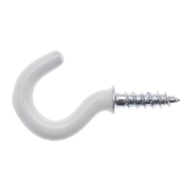 White plastic hook with a silver screw on a white background