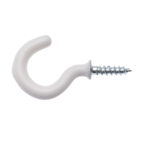 White plastic cup hook with a screw on a white background