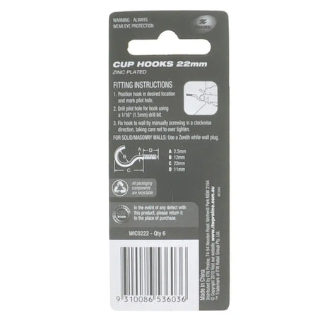 Packaging of cup hooks with fitting instructions and product details on a white background