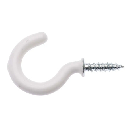 White plastic hook with a screw on a white background