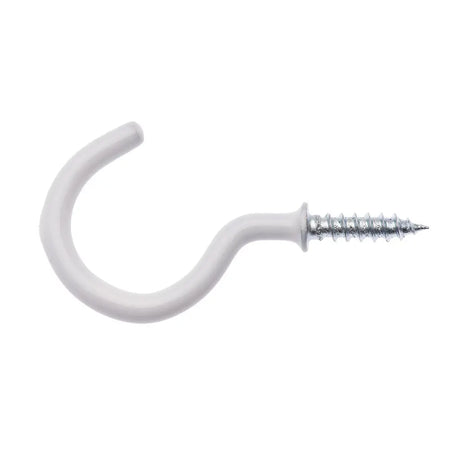 White plastic hook with a screw on a white background